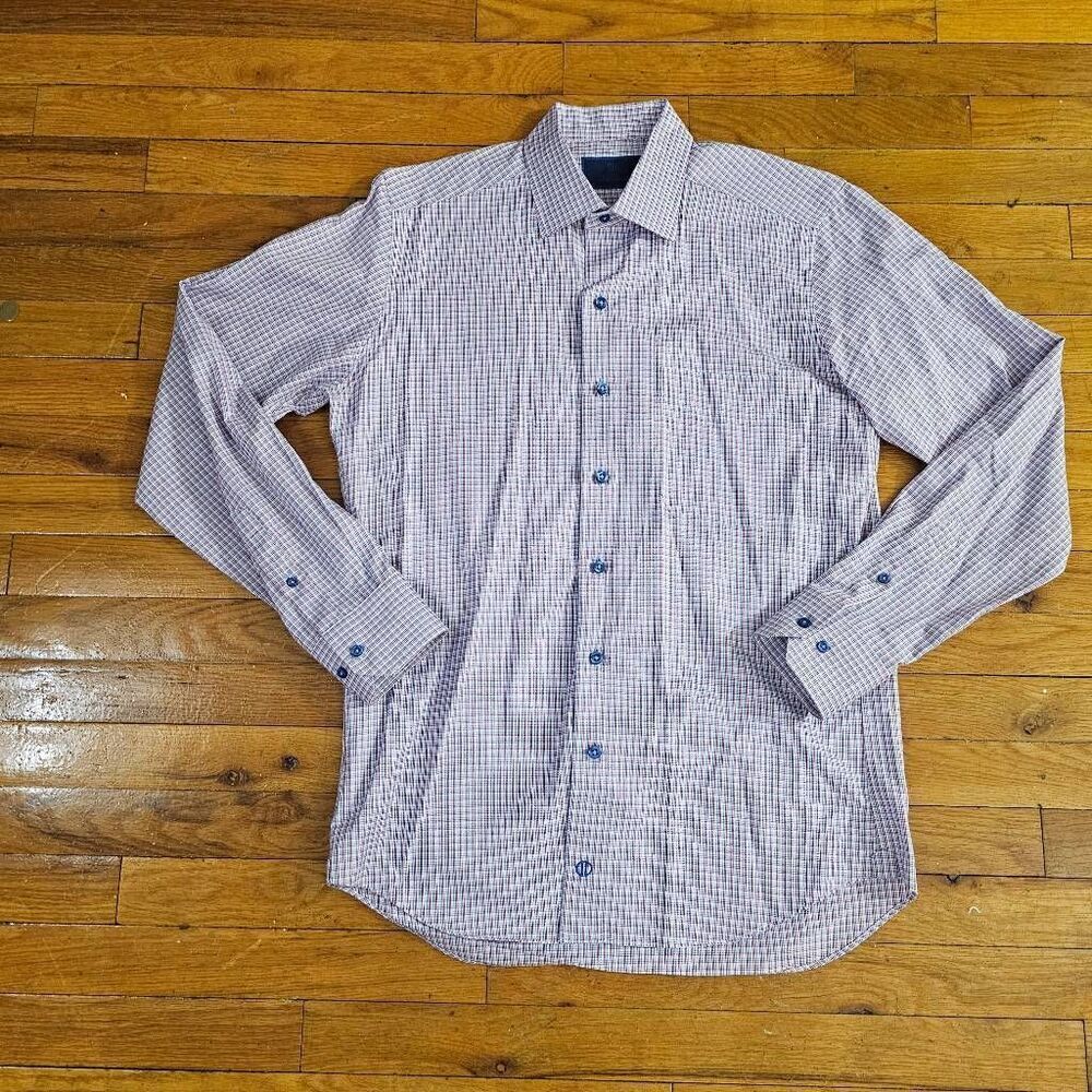 David Donahue Mens Medium Plaid Button Long Sleeve Dress Shirt